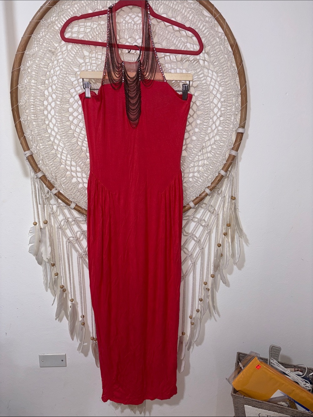 Coral Halter Maxi Dress with Decorative Chain Detail